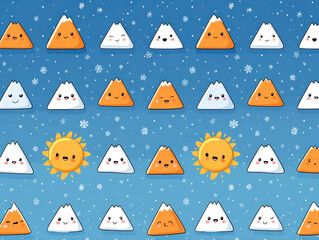 Poster - Cute Mountain and Sun Cartoon Pattern with Snowflake Accents