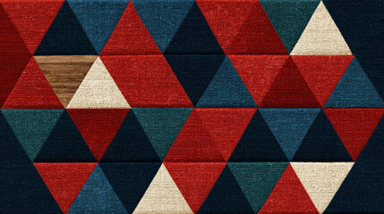 Poster - Textured Triangle Mosaic Pattern in Red, Blue, and Wood Tones