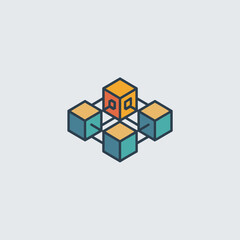 Poster - Interconnected Cubes: A Network of Teal, Orange, and Yellow Geometric Shapes