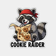 © Amelia Margaret - A cute cartoon raccoon pirate holds a treasure map marked with cookies, playfully titled 'Cookie Raider'.