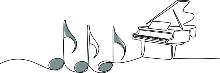 Poster - Continuous line drawing of a grand piano with music notes on a white background in minimalist style