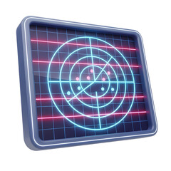 Poster - Futuristic radar screen with a neon blue and pink glow against a dark background showcasing data points and concentric circles in a modern design.