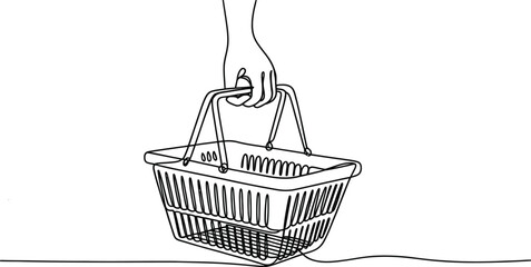 Poster - A single line drawing of a hand holding a shopping basket against a white background in a minimalist style