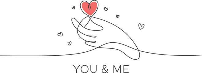 Poster - Continuous line drawing of hand holding heart with you and me text and scattered hearts around it