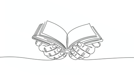 Poster - Continuous line drawing of hands holding an open book against a white background with light and shadow
