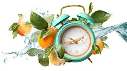 Poster - Playful and modern alarm clock design featuring a mint green clock vibrant orange fruit lush green leaves and a dynamic water splash effect