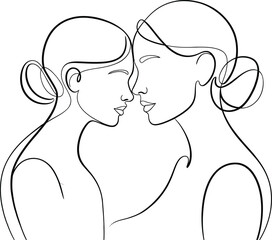 Poster - Continuous line drawing of two women facing each other with plants and window shadow on the background