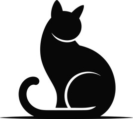 Poster - A stylized black cat silhouette with a curled tail sitting on a flat surface against a light gray background