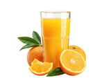 Fresh orange juice beverage with whole and sliced oranges and green leaves drink citrus, Isolated, Transparent Png