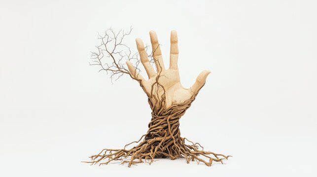 A twisted root structure morphing into a human hand, symbolizing nature-human fusion