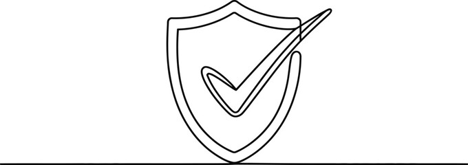 Poster - A continuous line drawing of a shield with a check mark inside on a white background with a line below