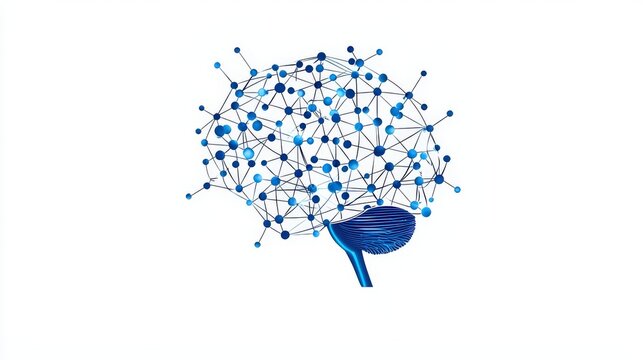 Abstract AI network with interconnected nodes forming a brain-like shape, minimalist clipart on white