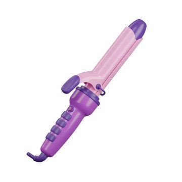 3D rendering of a curling iron in a studio setting with a transparent background. The curling iron features a vibrant pink and purple color scheme. The design is clean and modern.