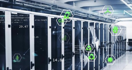 Poster - Code scrolling causing hex icons fading in server aisle, animating lines and visualizing metrics