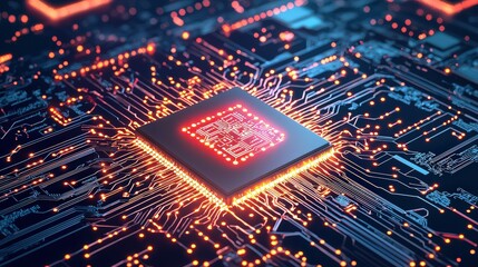 Poster - Clean clipart of futuristic AI chip connected with circuit lines, minimal design symbolizing AI technology