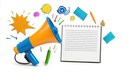 Poster - Clean scene with megaphone, notebook, and digital tools radiating enthusiasm and clarity in message delivery. Isolated on white.