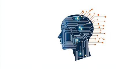 Poster - Clipart of a human face morphing into a circuit board, symbolizing AI integration, clean lines on white