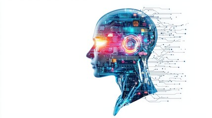 Poster - Clipart of a robot head with digital circuits and glowing eyes, symbolizing artificial intelligence, simple white background