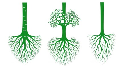 Three green tree root diagrams isolated on white background