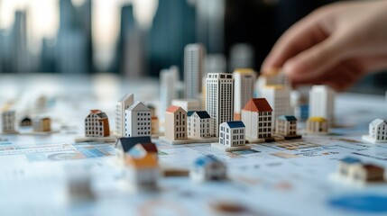 Hand moving miniature building in a cityscape model with buildings and graphs blurred background with city skyline