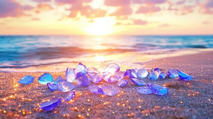 Poster - Shards of sea-blue porcelain scattered on a sandy beach, illuminated by warm sunset light, textures vivid and almost tangible