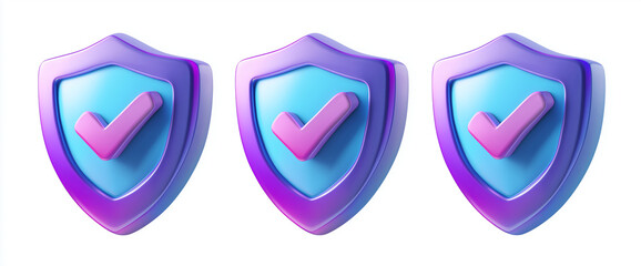 Poster - 3d glass holographic shield frame with tick sign front, side and angle view. Isolated protect, guard and safety symbol render icon set. Crystal iridescent gradient security outline