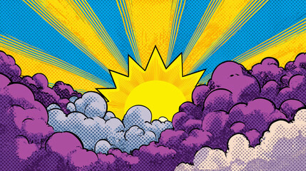 Poster - Comic book style background of light and clouds in the sky. Comic book explosion sunrise road background