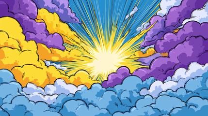 Poster - Comic book style background of light and clouds in the sky. Comic book explosion sunrise road background