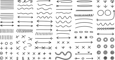 Poster - Hand drawn doodle elements vector set for design sketch lines arrow circle plus cross zigzags and more