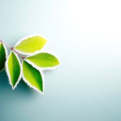 Poster - Delicate Frost Mandala on Frosted Green Leaves Against a Soft Blue Background