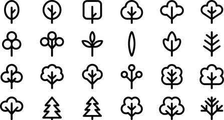 Poster - Tree icons vector set, minimalist forest nature symbols, simple outline trees for graphic design, logo, web