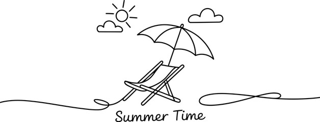 Poster - Summer beach vacation vector illustration with sun cloud umbrella and beach chair line art drawing 100