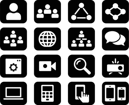 Black and white business communication and technology icons set for web design and user interface design 100