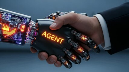 Poster - A human hand shakes a robotic hand labeled agent, symbolizing the collaboration between artificial intelligence and human expertise in business