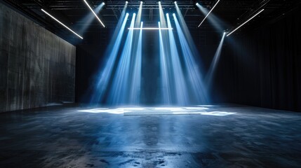 Fototapete - Bright blue beams shining in black studio space, highlighting focus area with sharp light contrast