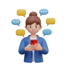Aufkleber - 3d illustration of a 3d cartoon woman in blue uses her phone 3d rendering, conceptual image isolated on transparent background