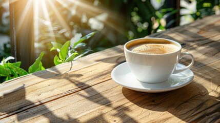 Poster - Close-up of fresh coffee in ceramic cup on natural wood surface, morning warmth and comfort