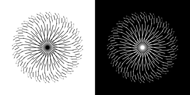 Abstract background with line pattern forming circle. Spiral art design as logo or icon. Black lines on white background and same white lines on black side. Mandala with line pattern.