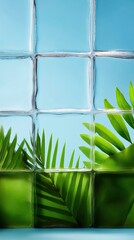Poster - Frosted Glass Grid with Green Fern Leaves