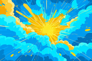 Poster - Comic book style background of light and clouds in the sky. Comic book explosion sunrise road background