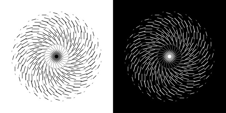 Abstract background with line pattern forming circle. Spiral art design as logo or icon. Black lines on white background and same white lines on black side. Mandala with line pattern.
