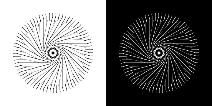 Abstract background with line pattern forming circle. Spiral art design as logo or icon. Black lines on white background and same white lines on black side. Mandala with line pattern.