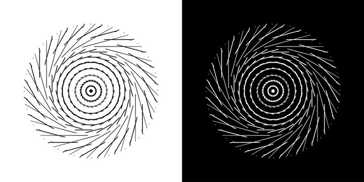 Abstract background with line pattern forming circle. Spiral art design as logo or icon. Black lines on white background and same white lines on black side. Mandala with line pattern.