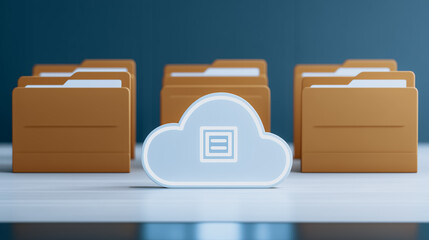 Fototapete - Cloud Storage and Folders: A minimalist digital rendering showcases the cloud storage concept. a symbolic cloud, placed in front of several file folders.