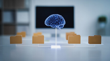 Poster - Digital Brain: The image showcases a digital brain central to information management, symbolizing data analysis and technological advancement. Its a visual representation of the future of processing.