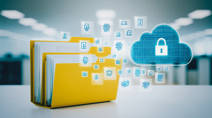 Aufkleber - Data security and Digital Cloud: A dynamic illustration showcasing digital data security, with an ethereal cloud and folders, highlighting the concepts of secure information storage and protection.
