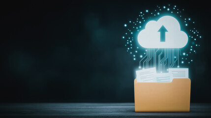 Fototapete - Cloud Data Upload: Visualizing the seamless transfer of digital files, a radiant cloud icon hovers above an open folder, representing secure and efficient data upload