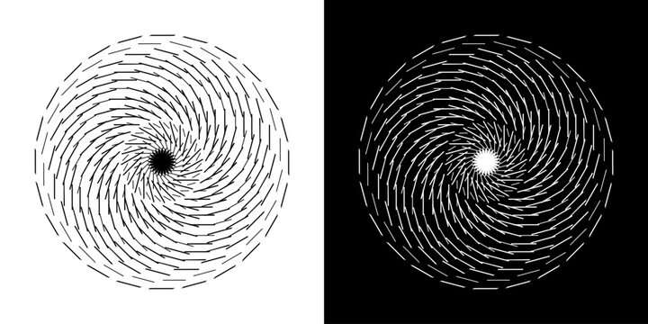 Abstract background with line pattern forming circle. Spiral art design as logo or icon. Black lines on white background and same white lines on black side. Mandala with line pattern.