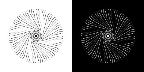 Aufkleber - Abstract background with line pattern forming circle. Spiral art design as logo or icon. Black lines on white background and same white lines on black side. Mandala with line pattern.
