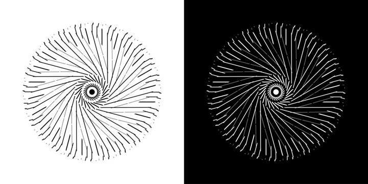 Abstract background with line pattern forming circle. Spiral art design as logo or icon. Black lines on white background and same white lines on black side. Mandala with line pattern.